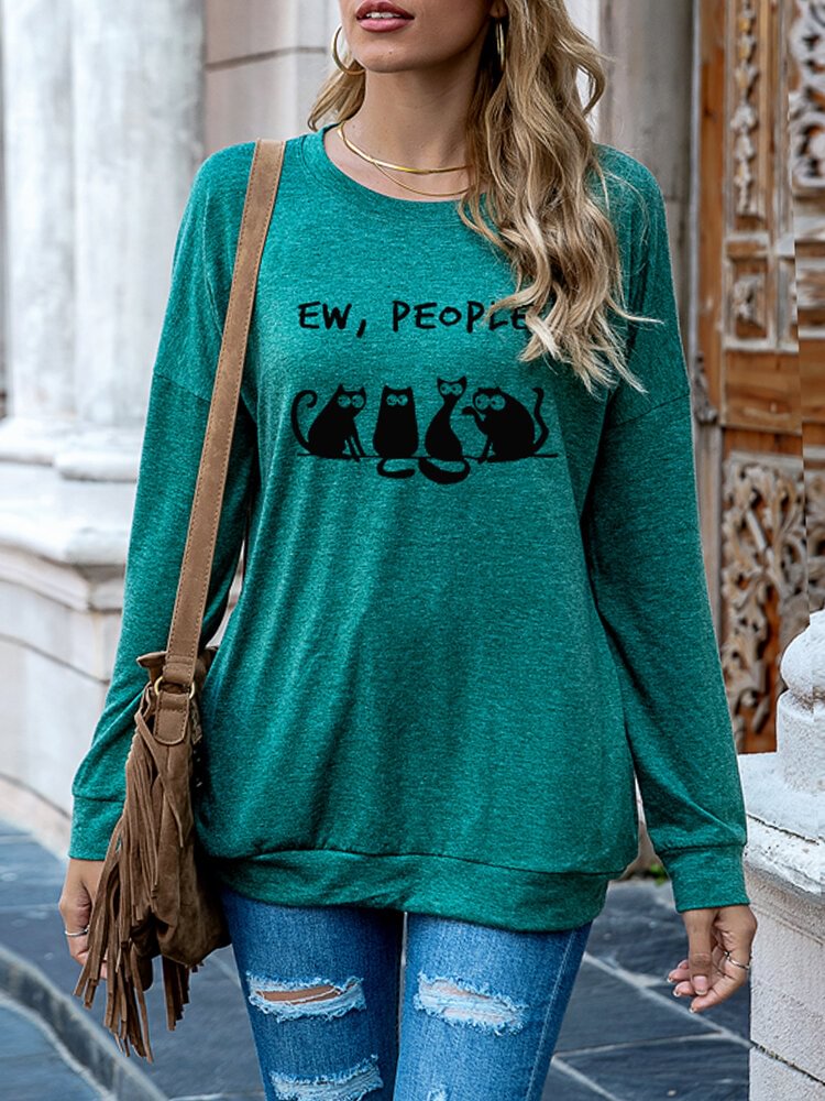 Cat Print Long Sleeve Loose Casual T Shirt For Women P1779188