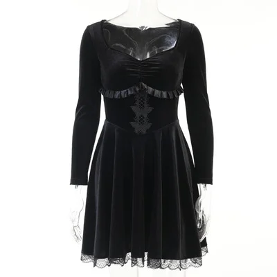 Jangj Velvet Gothic Dress Women Lolita Fairy Dresses Halloween Lace Mini Long Sleeves Robe Black Lace Draped Bodycon Goth Party Jurken