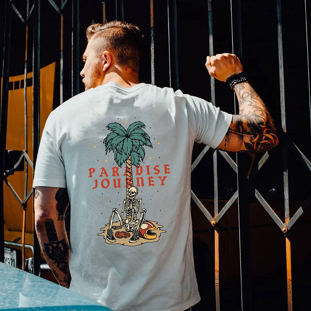PARADISE JOURNEY Skull Under the Palm Casual Graphic White Print T-shirt