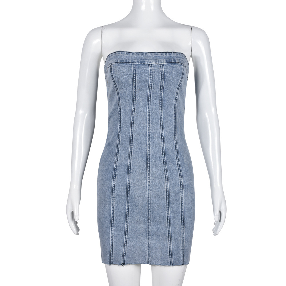 Mature Women Fashion Backless Tube Summer Sexy Slim Short Denim Dresses
