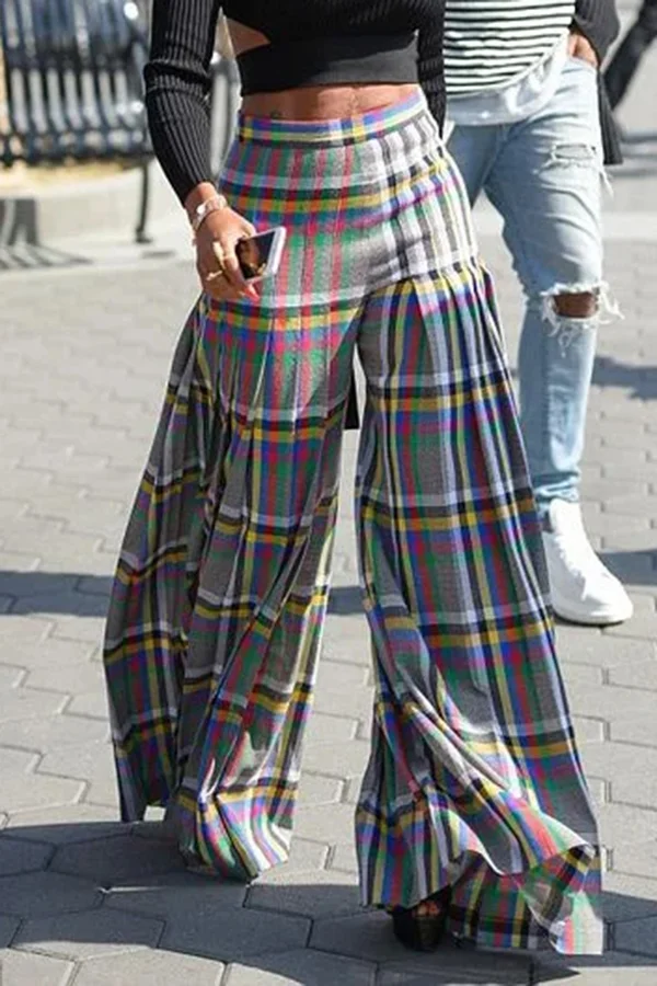 Fashion Single Product Color Striped Plaid Pleated High Waist Wide Leg Pants