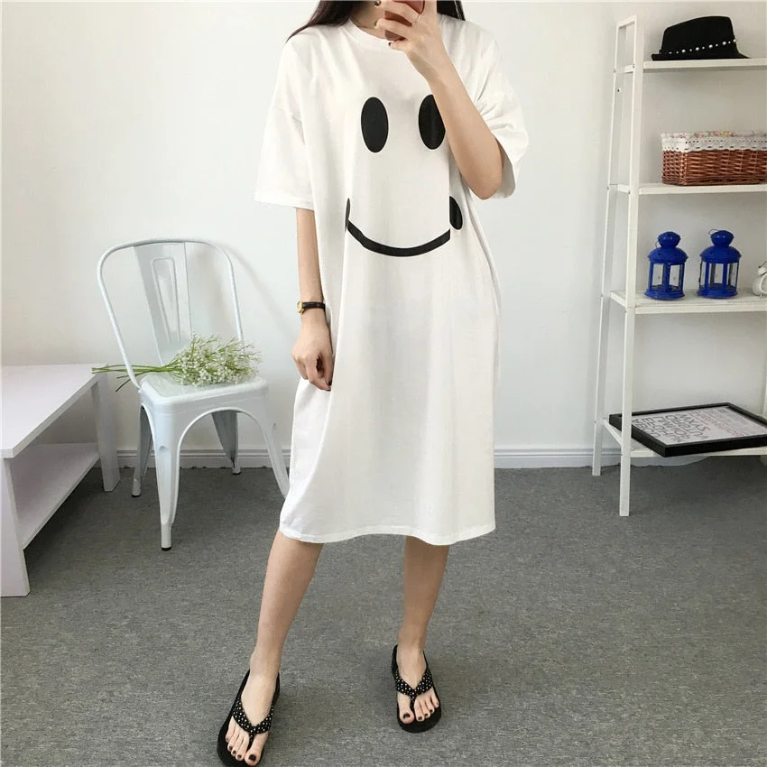 Sleepwears Happy Smile Face Pattern O Neck Short Sleeves Home Plus Size Cotton  Nightowns for Women One Piece Sleepshirts