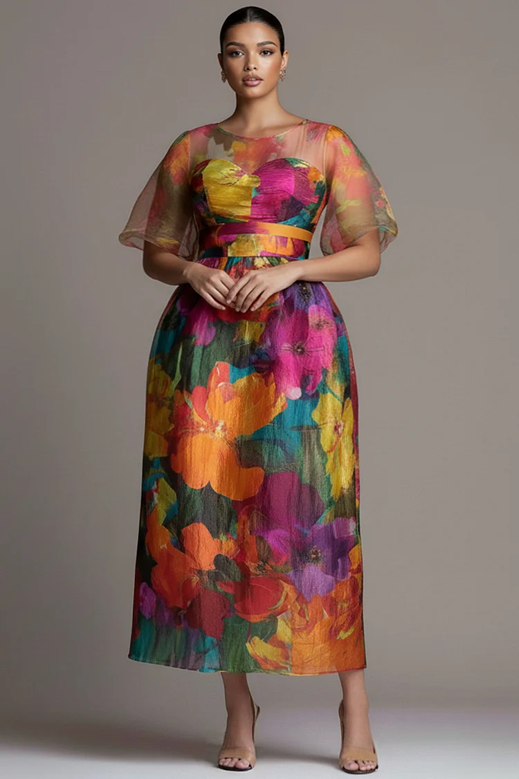 Xpluswear Design Plus Size Wedding Guest Multicolor Floral Round Neck Short Sleeve Contrast Midi Dresses [Pre-Order] 2024 - Xpluswear