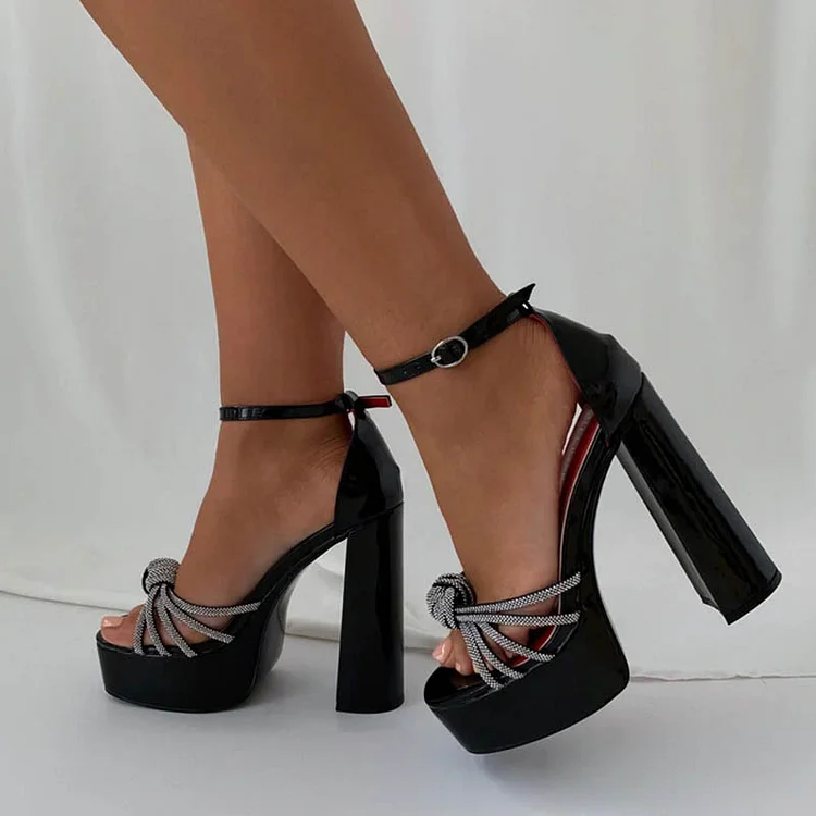 Women's Ankle Strap Shoes Rhinestones Sandal Platform Chunky Heels |FSJ Shoes