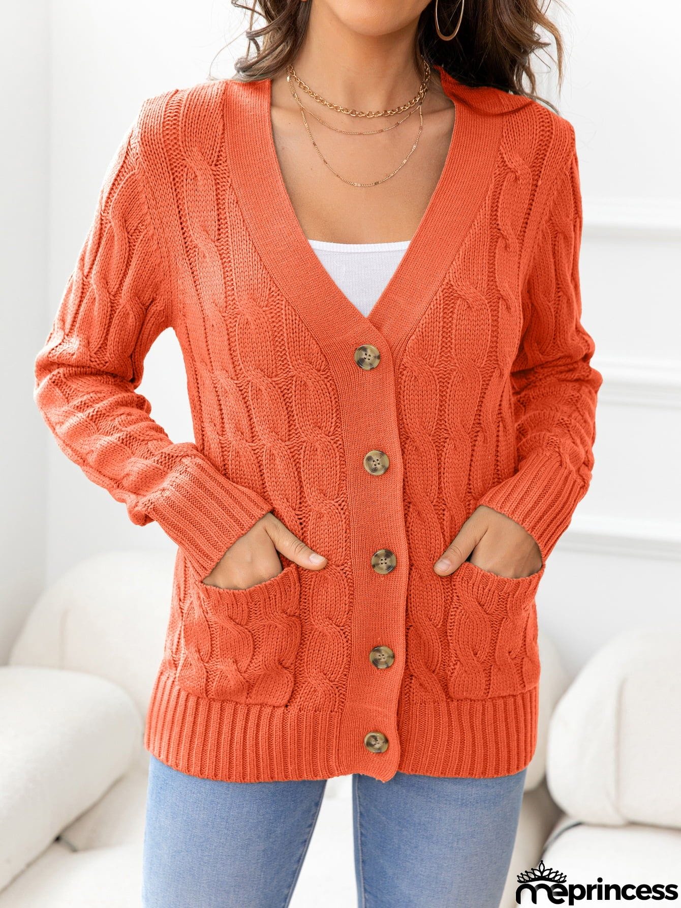 Button Down Cable-Knit Cardigan