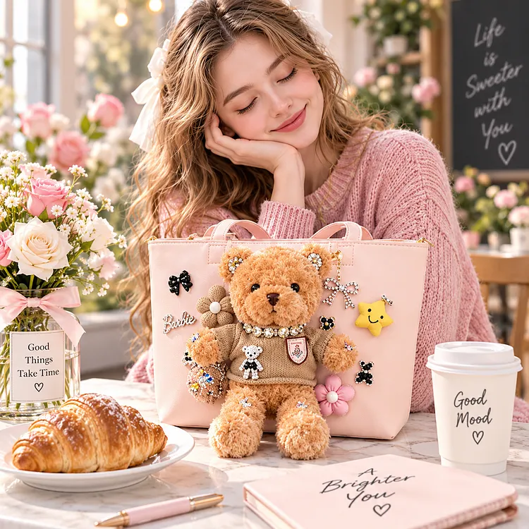 Handcrafted Teddy Bear Statement Tote &ndash; Luxury Pink Kawaii Handbag with Crystal Charms & 3D Plush Decoration