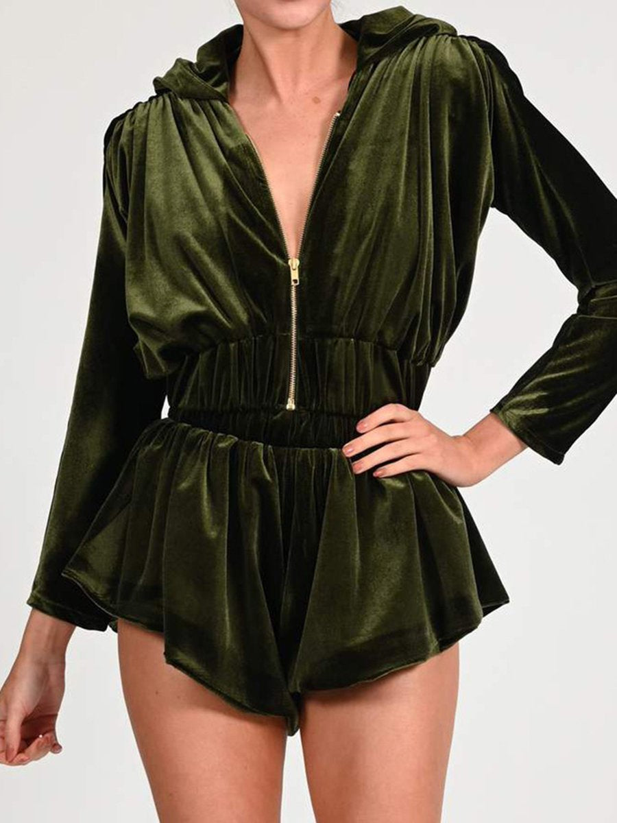 V Neck Golden Velvet Hoodie Top And Shorts Sets