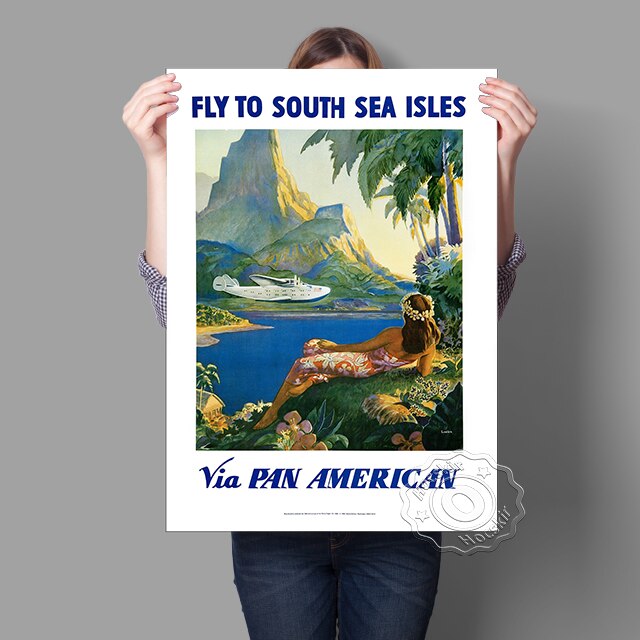 Airline World Travel Poster, Fly To The South Sea Isles Canvas Painting, Vintage Forest Beautiful Girl Wall Picture Home Decor