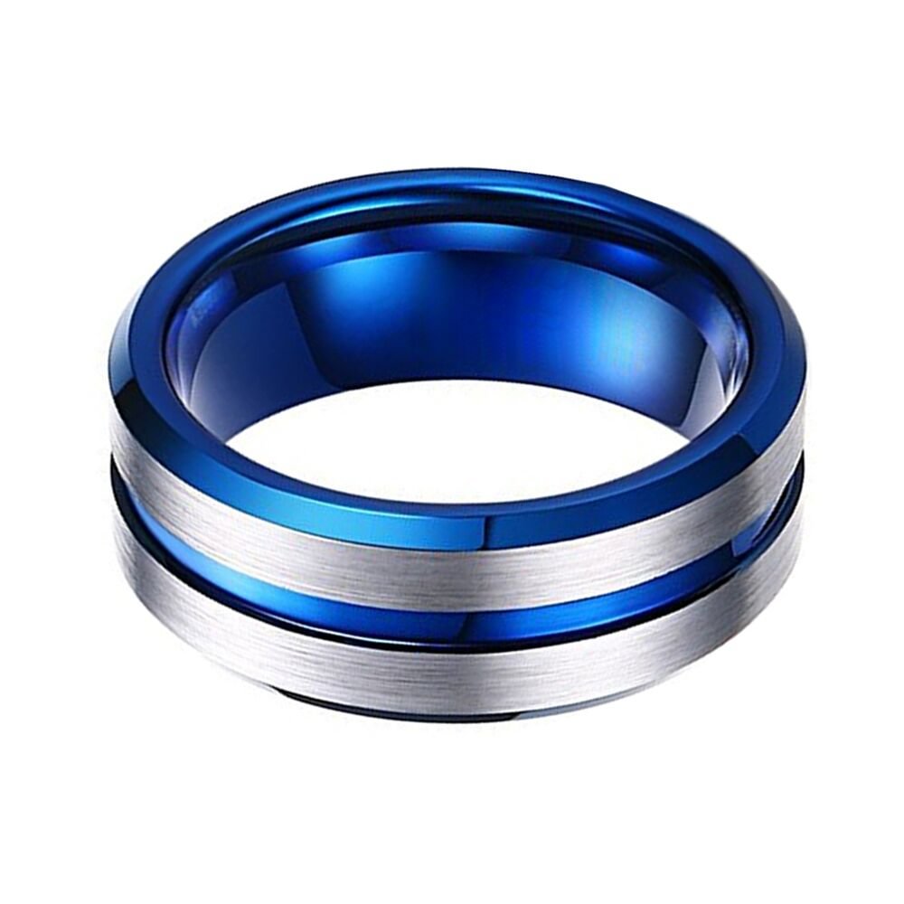 Blue Mens Ring Silver Brushed Grooved Tungsten Wedding Band