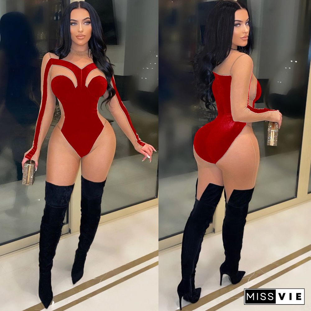 Sheer Mesh Patchwork Velvet Skinny Jumpsuit