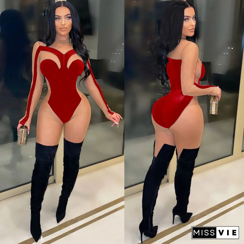 Sheer Mesh Patchwork Velvet Skinny Jumpsuit