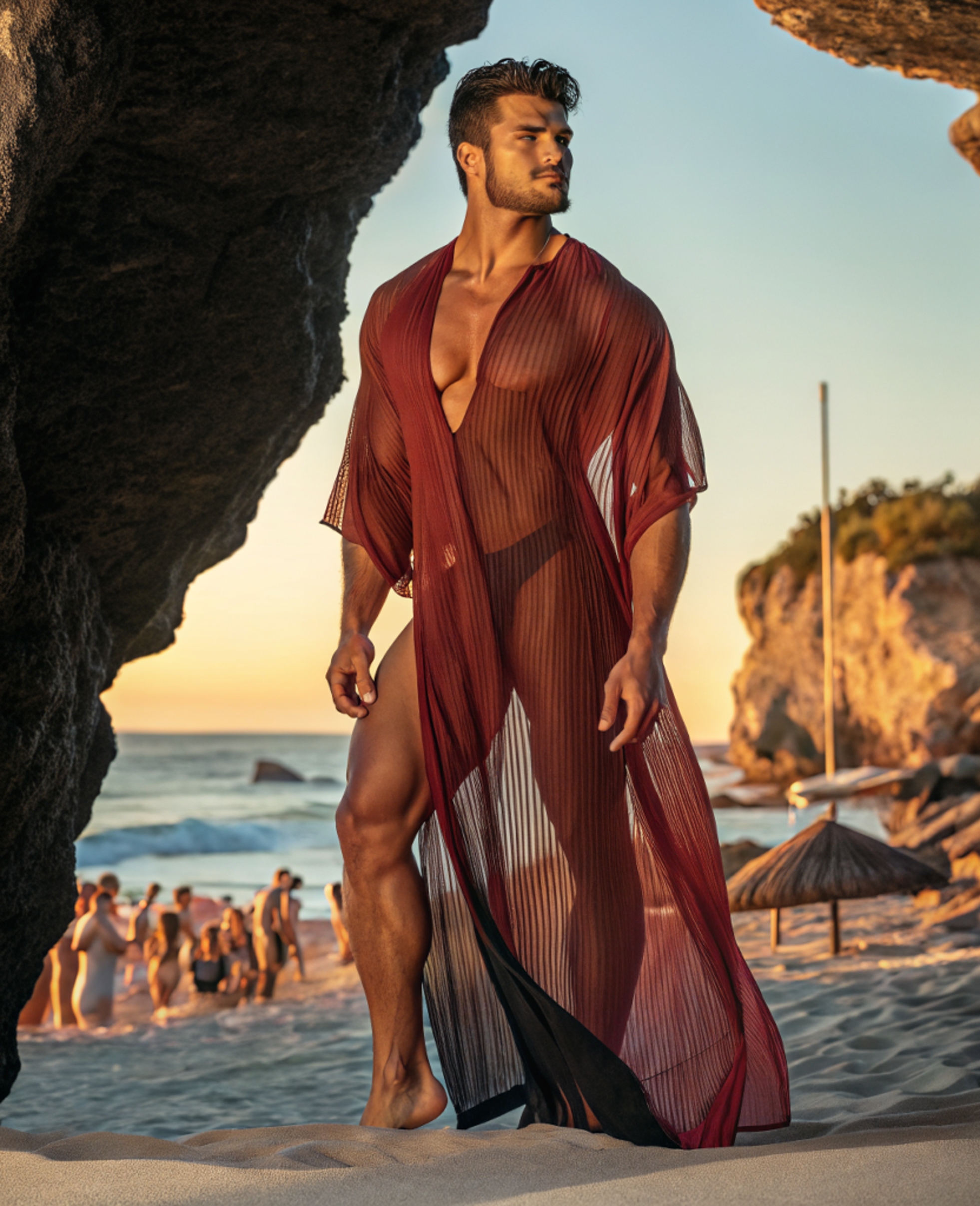 Men's Red Gauze V-neck Kaftan
