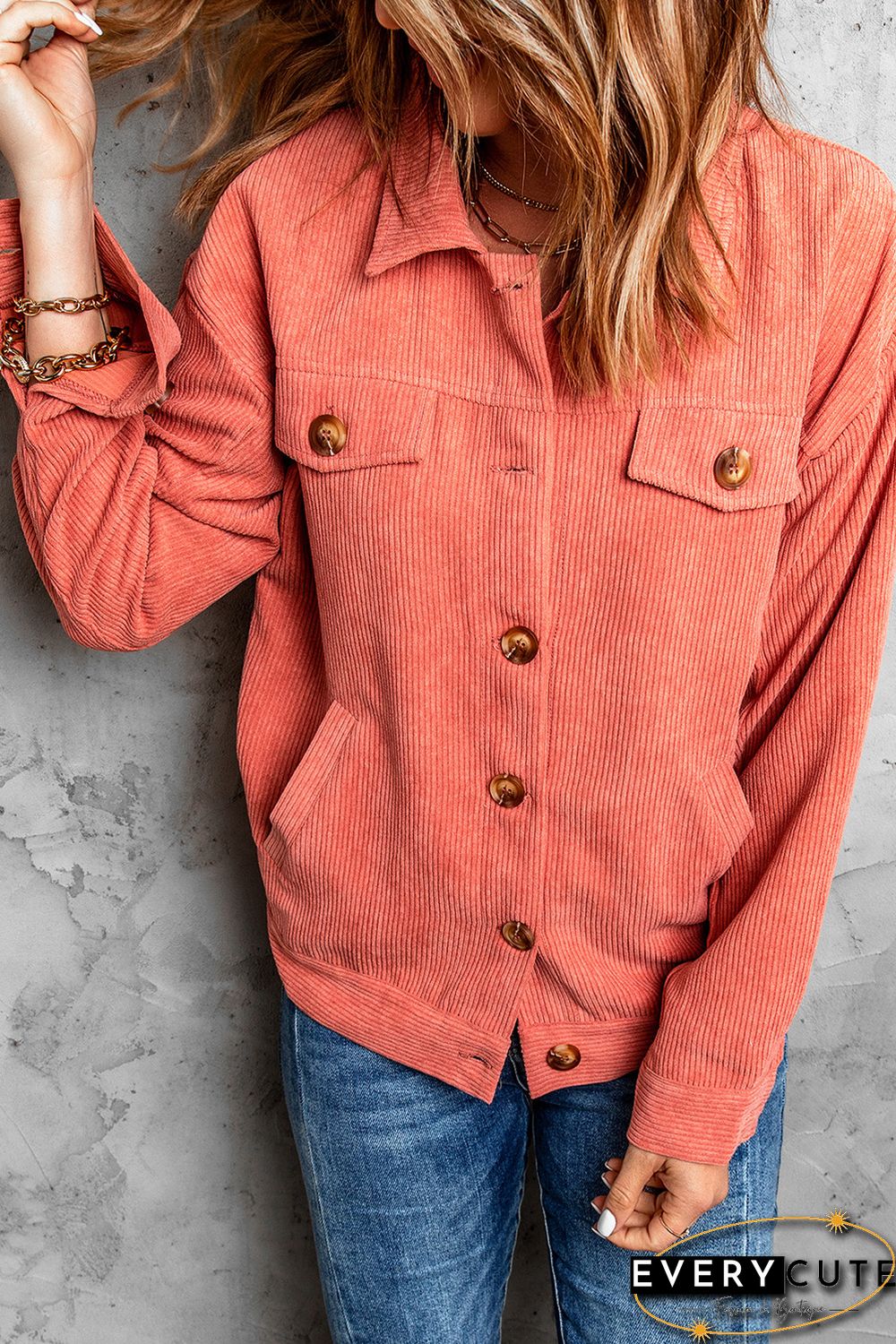 Pink Ribbed Corduroy Long Sleeve Jacket with Pocket