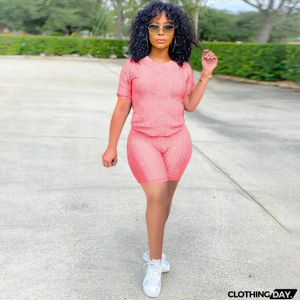 Women Casual Round Neck Solid Top + Shorts Two-Piece Set