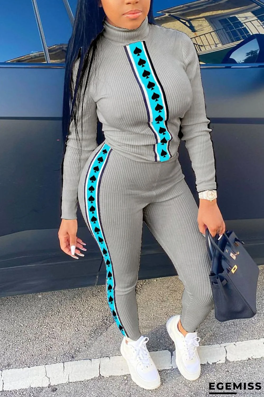 Grey Casual Print pencil Long Sleeve Two Pieces | EGEMISS