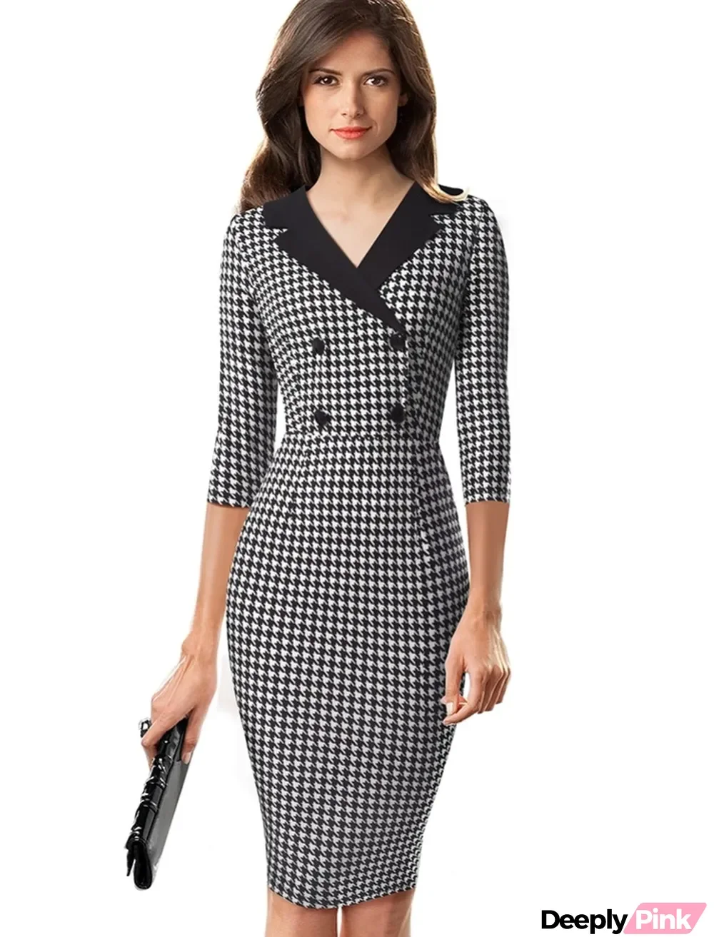Print V-Neck Vintage Midi Dress with 3/4 Sleeves
