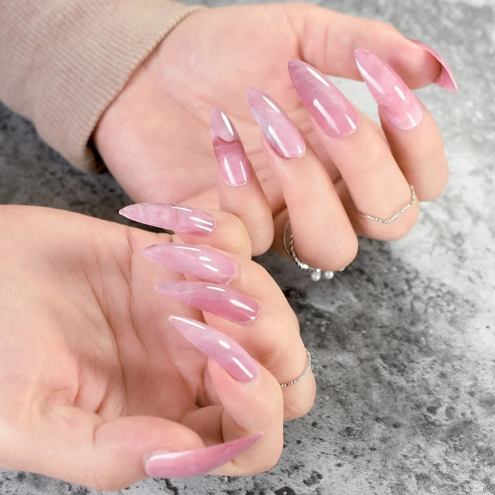 Extra Long STILETTO False Nails Pre-designed Curved Pink Marble Press On Nails including glue sticker-Nail Inspo