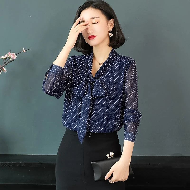 Autumn Chiffon Shirt Temperament Shirt Long Sleeve New Ladies Bow Tie Top Shirt Print Polka Dot Women Blouses Casual 6107 50