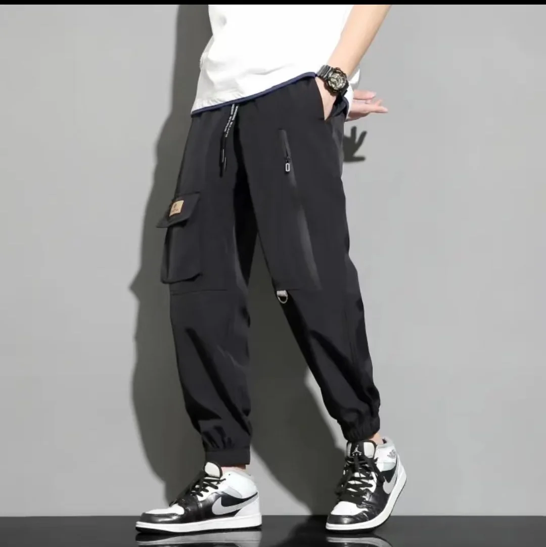 Sunisery Men Straight Pants Middle Waist Loose Slimming Side Pockets Casual  Party Sports Cargo Pants Black L
