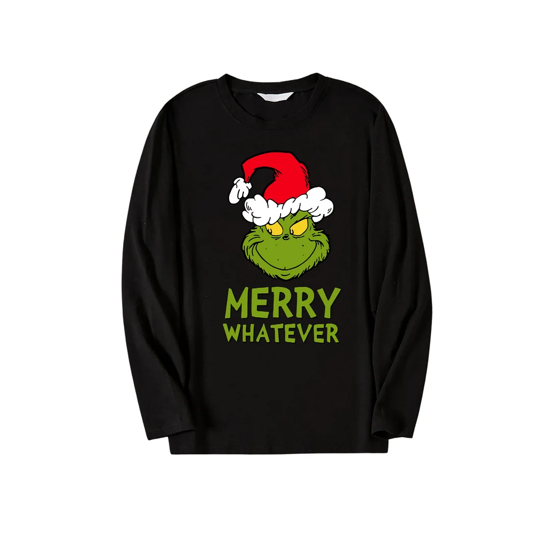 Christmas Cartoon Pattern and Text Print Black Long Sleeve Top with Green and Black Plaid Family Matching Pajamas 2024