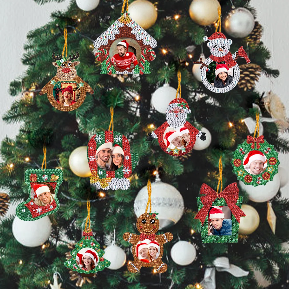 10Pcs Christmas Diamond Painting Photo Frame Hanging Pendant for Xmas Tree