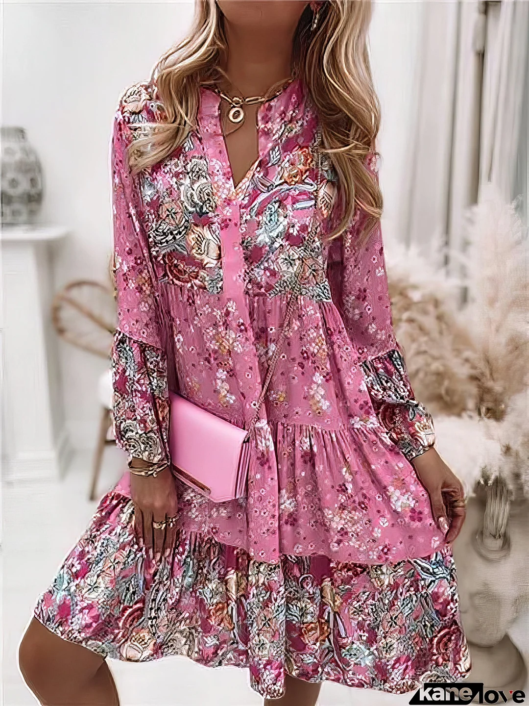 Floral Ruffle Smocked Print V Neck Casual Flare Cuff Sleeve Mini Dress