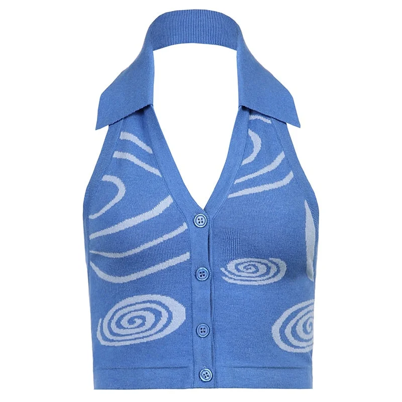 Rapcopter Paisley Green Corset Top Turn Down Collar Knitwear Cute Crop Top Vintage Button Up Camis V Neck Beach Style Tank Tops