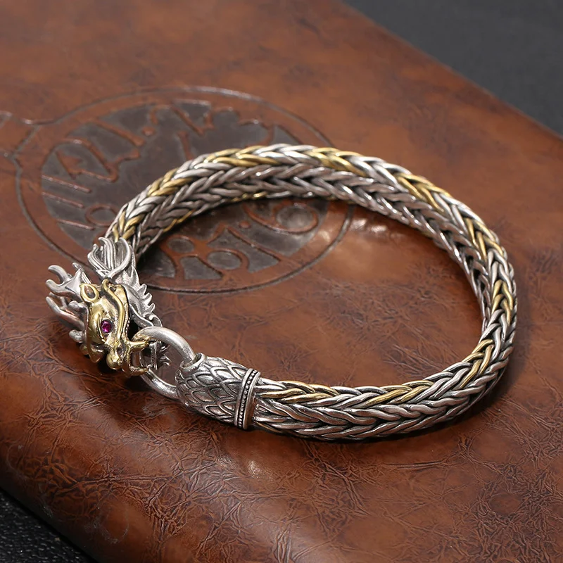 925 Silver Retro Hand Woven Gold Head Bracelet 
