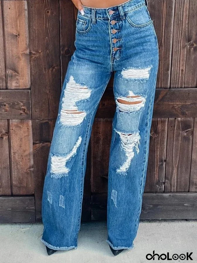 Women's Jeans Fashion Ripped Washed Straight Jeans