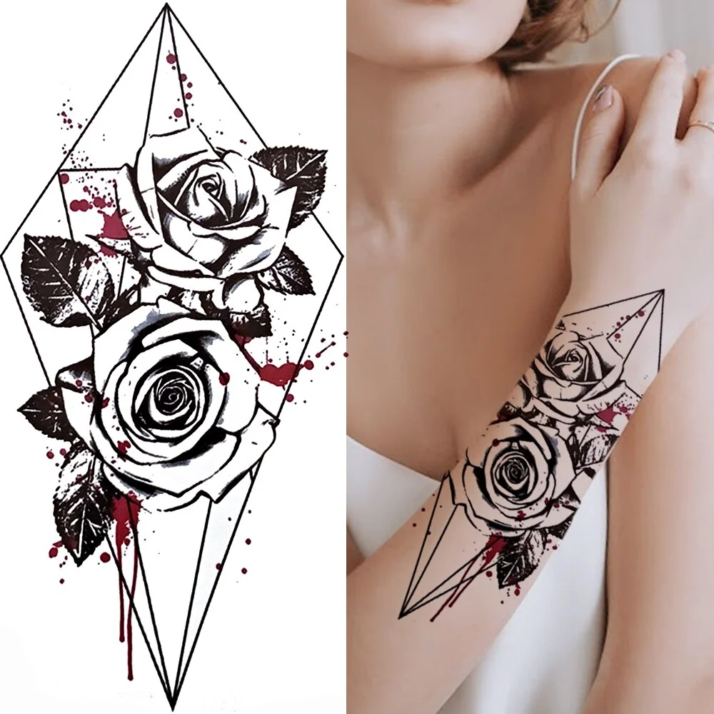 Fake Flower Rose Temporary Tattoos For Women Girl Peony Daisy Deer Moon Tattoos Sticker Black Cluster Body Art Painting Tatoos