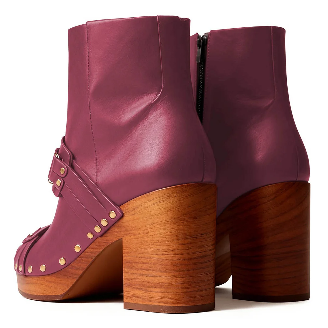 Studded Round Toe Mid Heel Zipper Fuchsia Ankle Platform Boots