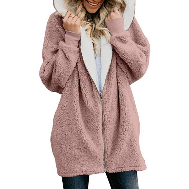  thdmladies Plush Long Coats Women Zipper Loose Fluffy Hooded Jacket thedmladies