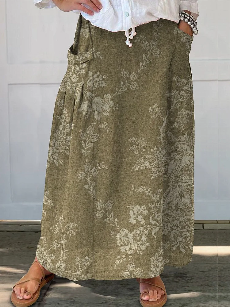 Women's  Floral Print Linen Pocket Skirt