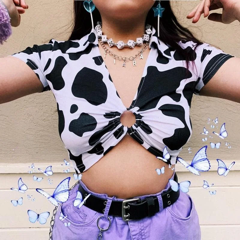 Ring Hollow Out Cow Prints Crop Top SP13692