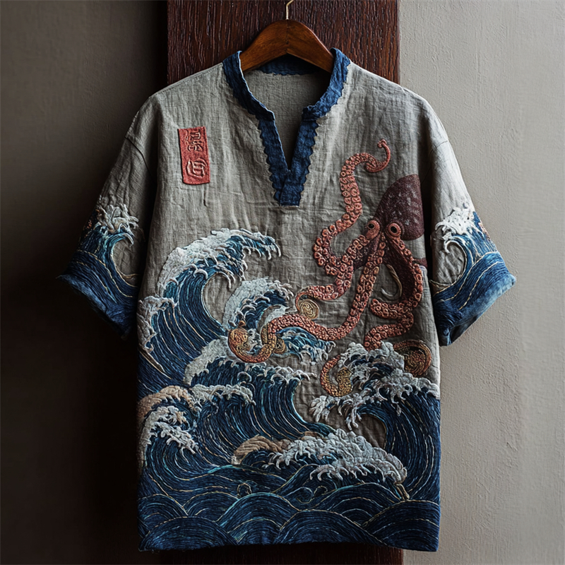 Men's Japanese Octopus Great Sea Wave Embroidered Linen Shirt  artssus