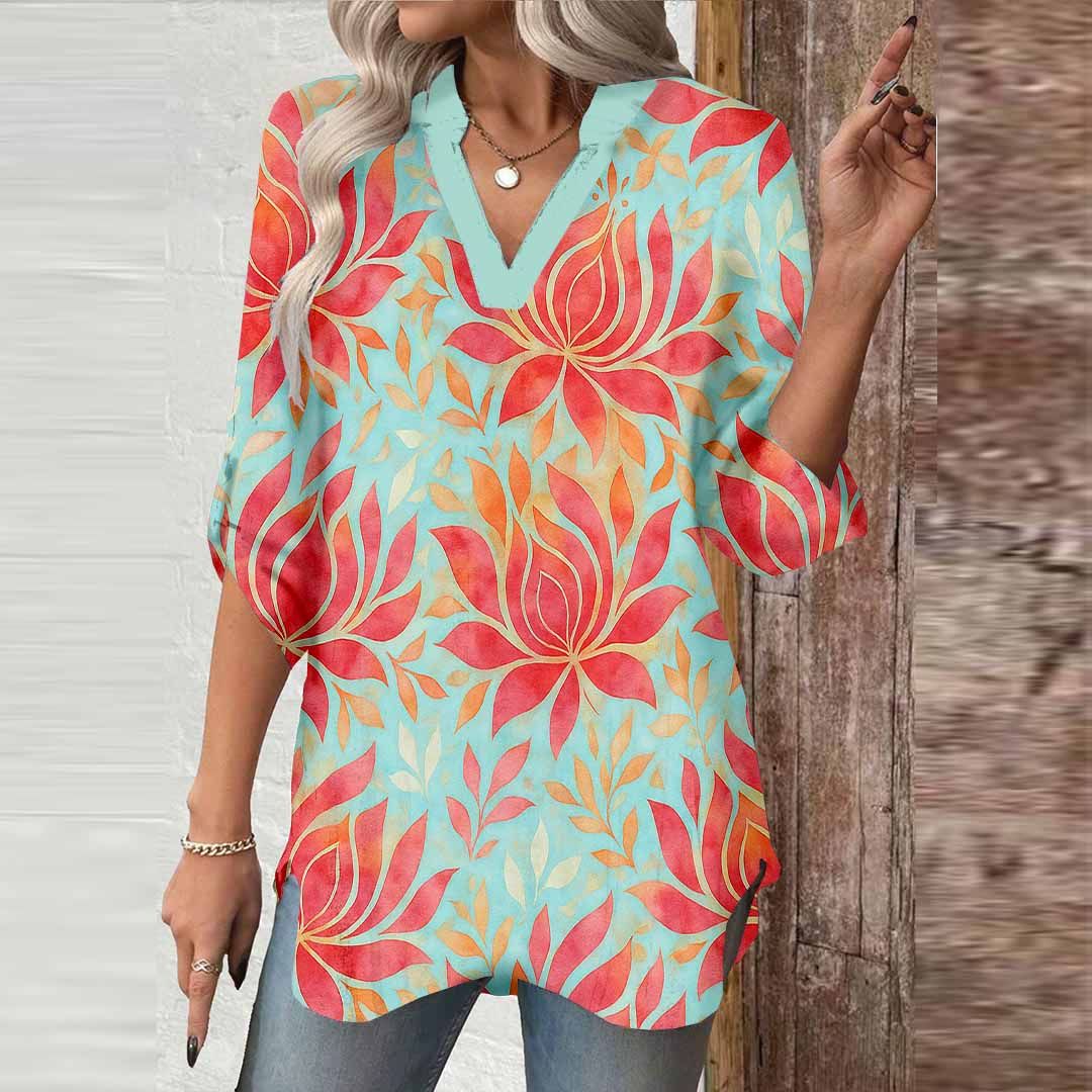 Women Tropical,Red,Green DZGA0265 3/4 Sleeve V-neck Printed Graphic Button Tops