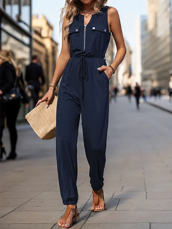 Sleeveless Solid Color Zipper V-Neck Jumpsuits