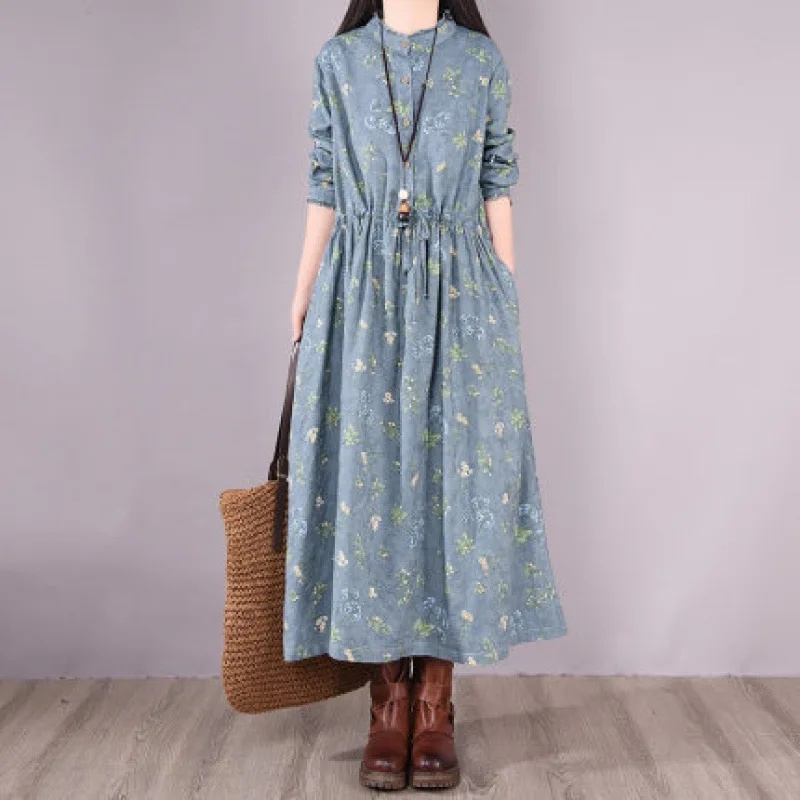 Spring 2025 Women's Vintage Floral Cotton Linen Dress – Loose Fit with Waist Belt & Full Sleeves (Round Neck, Ankle Length)