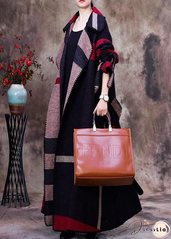 Simple Red PeterPan Collar Plaid tie waist Winter Woolen Long sleeve trench coats