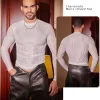 Men's Sexy Perspective Striped Sheer High Elastic Silky Long Sleeve T-Shirt Slim Fit Nightclub Inner Wear