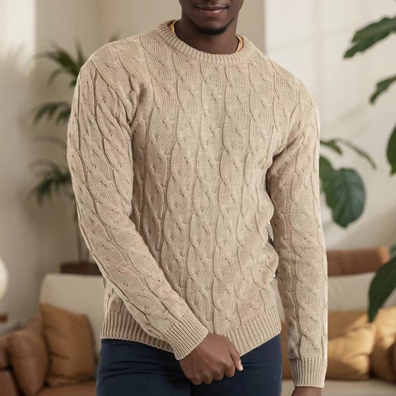 Men's Solid Color Twisted Round Neck Pullover Sweater