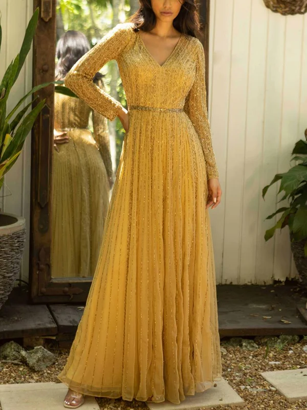 V-neck Sequined Long-sleeved Solid Color Dress