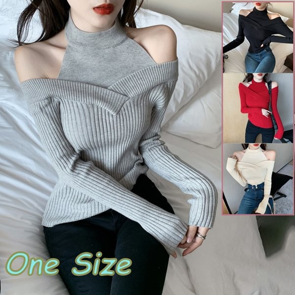 Halter Knit Sweater Korean Casual Off Shoulder Spring Women Tops Long Sleeve Pullover Slim - Shop Trendy Women's Clothing | LoverChic