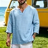 Men's Vacation-Style V-Neck Cotton-Linen Shirt With 3/4 Sleeves by Inlyline