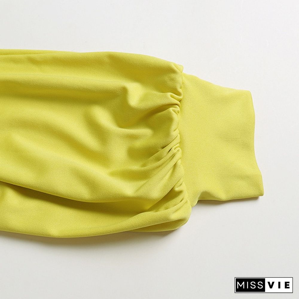 Women Fashion Puff Long Sleeve High Waist Solid Color Jumpsuits