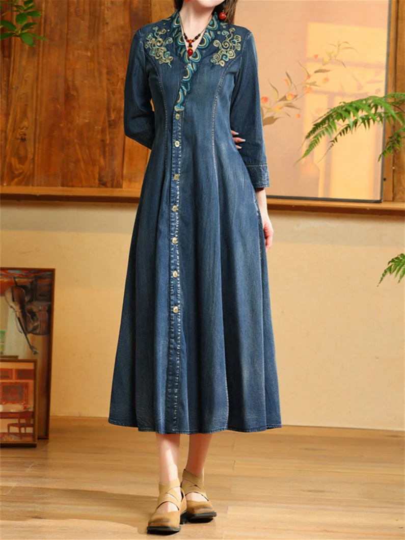 Women's Denim Embroidered Long Sleeve V-neck Maxi Dress