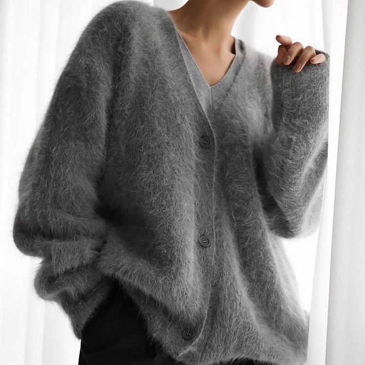 Women's Solid V-Neck Knitted Sweater Cardigan