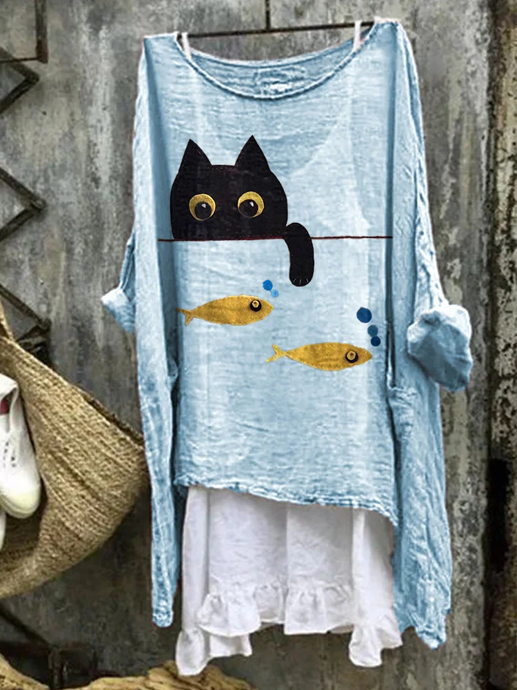 Funny Cat Print Linen Blend Casual Shirt