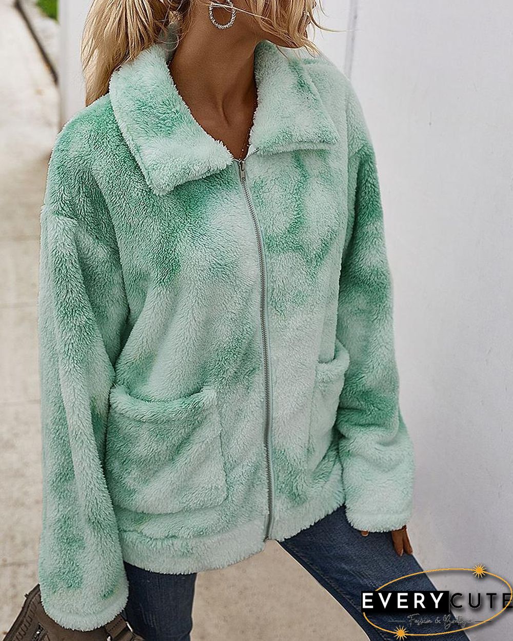 Tie Dye Print Fluffy Pockets Teddy Coat