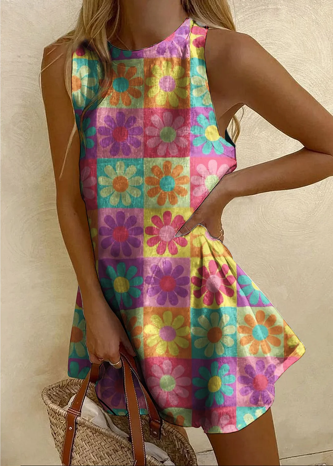 Daisy Art Element Printed Sleeveless Dress